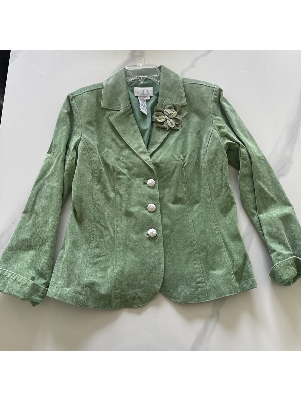New Without Tags - Pastel Green Leather Suede Bomber, Ladies L, Alice Blue